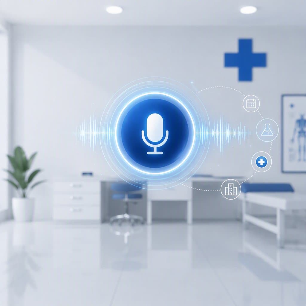 Voice AI microphone icon in a healthcare clinic setting